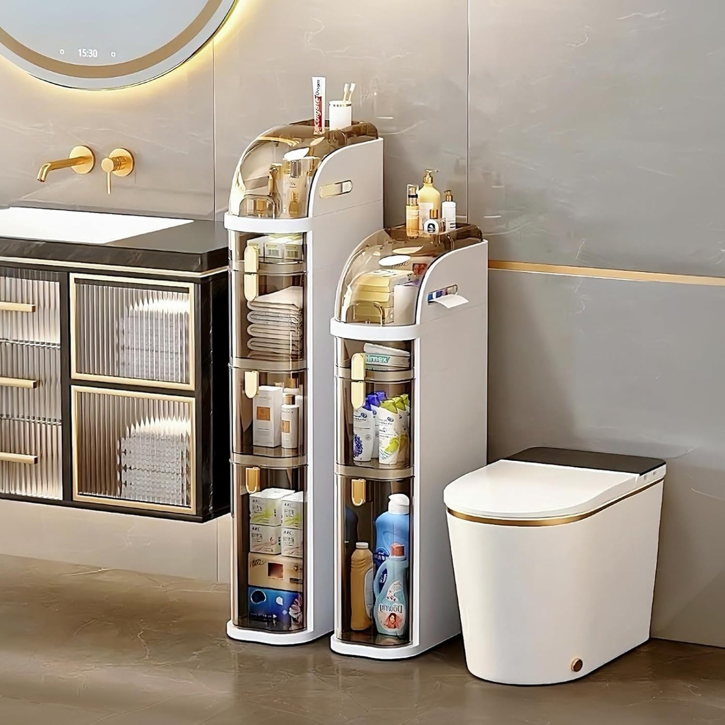 Mobiletto Bagno 4 Ripiani – Slim 7,1″ con Cassetti e Portatovaglioli, Armadietto Mobile in Plastica Impermeabile con Ruote per Bagno, Cucina, Lavanderia e Soggiorno