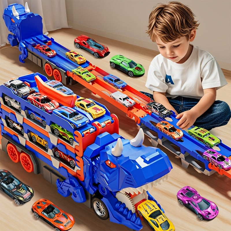 Set Pista Città per Bambini – Camion Dinosauro Trasformabile con 6 Auto, Garage Interattivo, Ideale per Bambini 3-5 Anni, Regalo di Compleanno Invernale