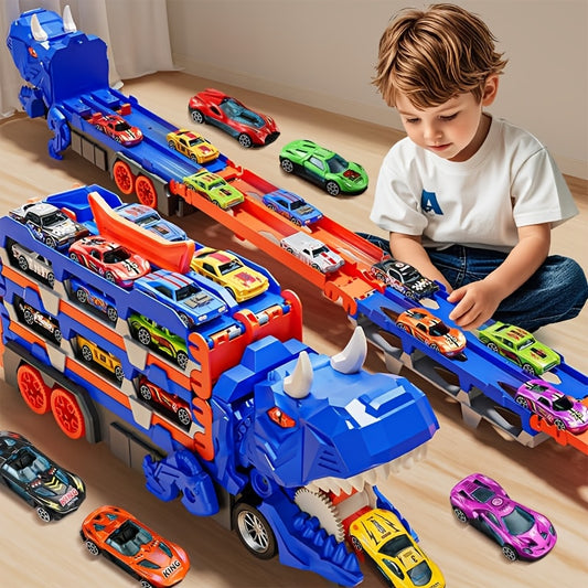Set Pista Città per Bambini – Camion Dinosauro Trasformabile con 6 Auto, Garage Interattivo, Ideale per Bambini 3-5 Anni, Regalo di Compleanno Invernale