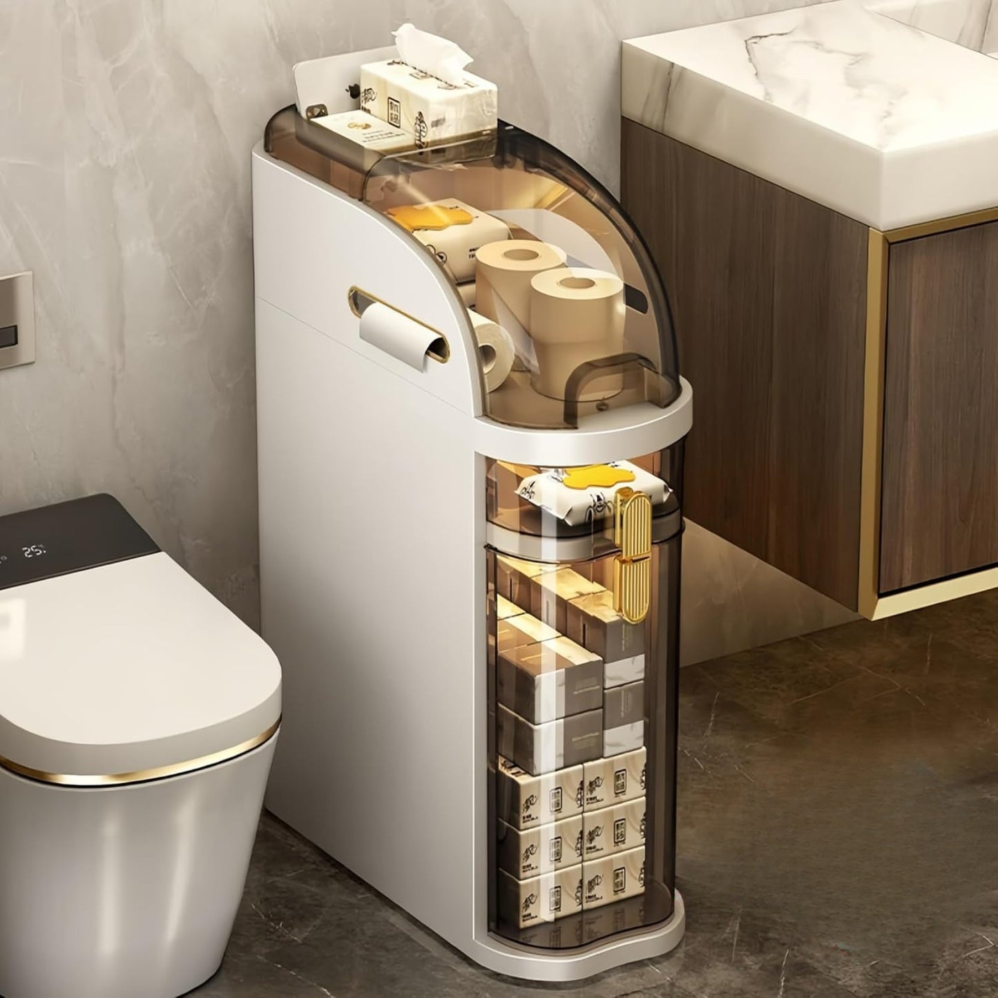 Mobiletto Bagno 4 Ripiani – Slim 7,1″ con Cassetti e Portatovaglioli, Armadietto Mobile in Plastica Impermeabile con Ruote per Bagno, Cucina, Lavanderia e Soggiorno