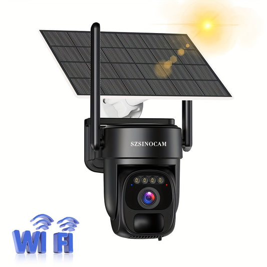 Cameră de securitate wireless SZSINOCAM, solară, 1080P HD, PTZ, audio bidirecțional, detecție mișcare, Wi-Fi, stocare SD/Cloud – pentru casă, afaceri și exterior