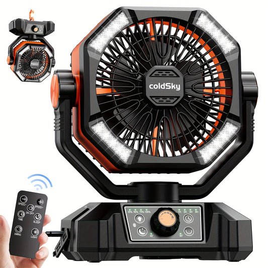 20000mAh Battery-Powered Camping Fan - Dual Motor, 8-Speed with Remote Control &amp; 4 LED Lanterns, Portable Outdoor Fan with Hook for Tent, Power Outage, Construction Site