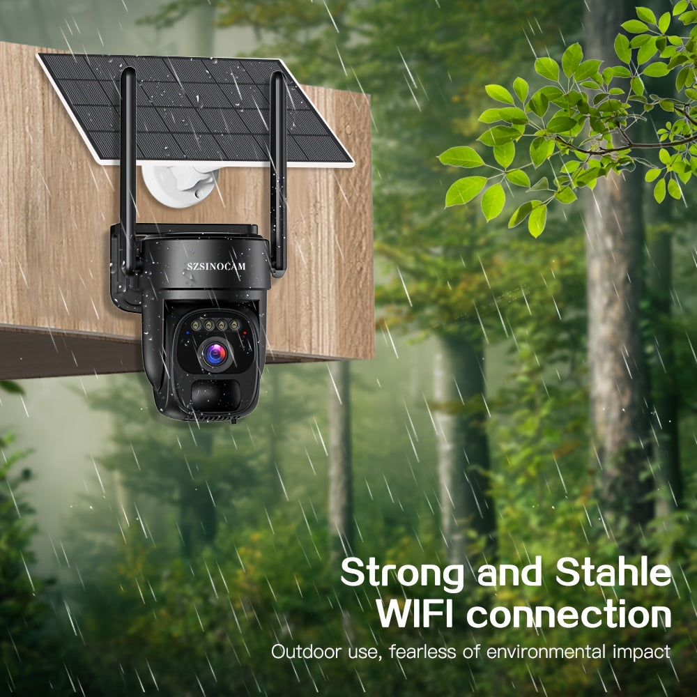 Cameră de securitate wireless SZSINOCAM, solară, 1080P HD, PTZ, audio bidirecțional, detecție mișcare, Wi-Fi, stocare SD/Cloud – pentru casă, afaceri și exterior
