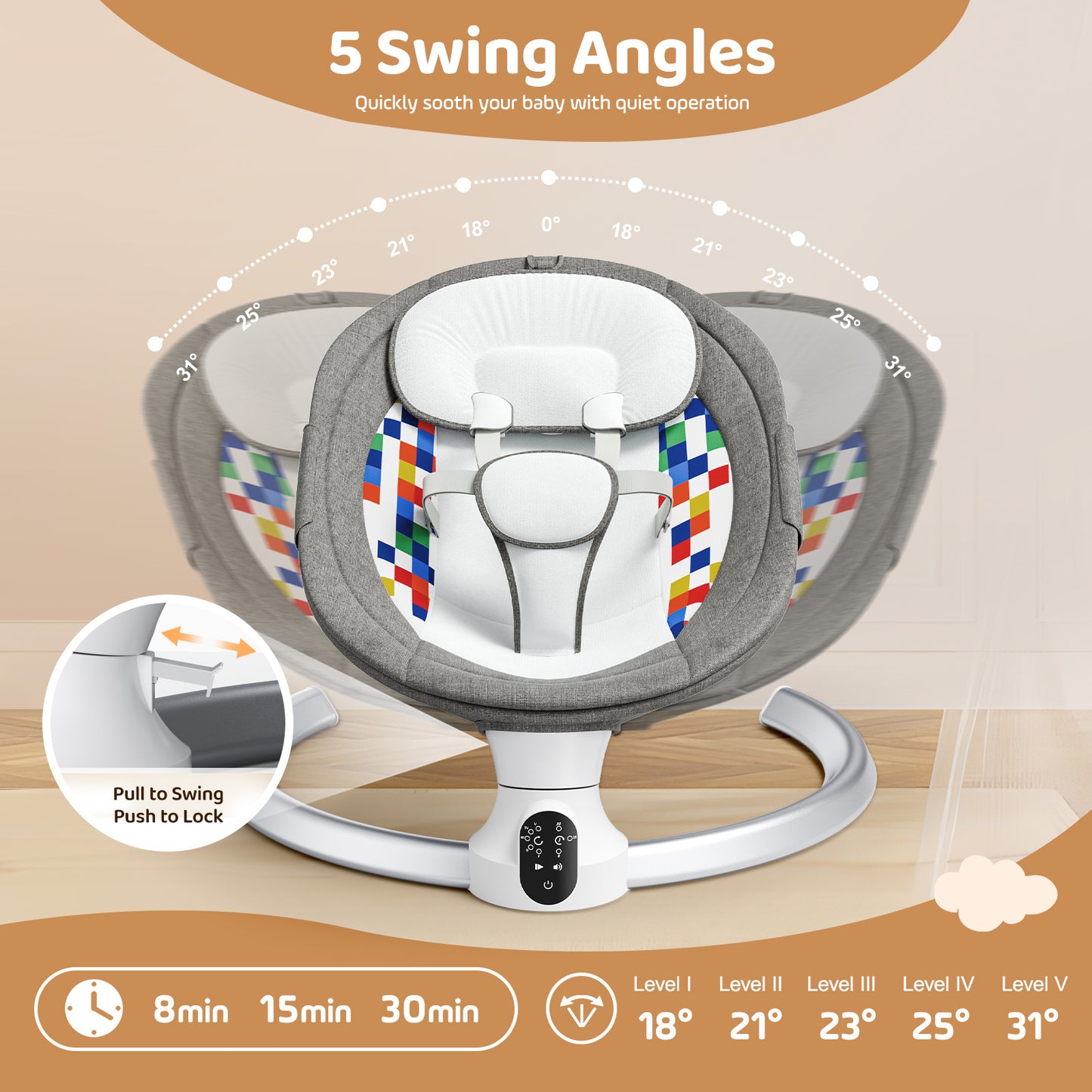Sedia Dondolo Elettrica per Bambini con Controllo App e Telecomando – Swing Elettrico con Pannello Touch IMD, 5 Ampiezze, Timer 3 Fasi, Seduta Imbottita per Neonati