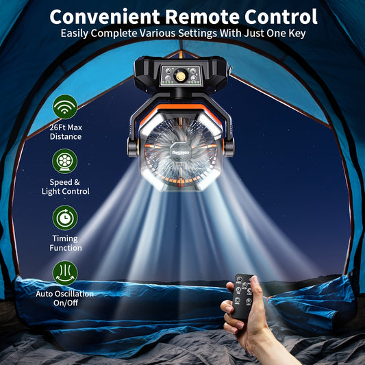 20000mAh Battery-Powered Camping Fan - Dual Motor, 8-Speed with Remote Control &amp; 4 LED Lanterns, Portable Outdoor Fan with Hook for Tent, Power Outage, Construction Site
