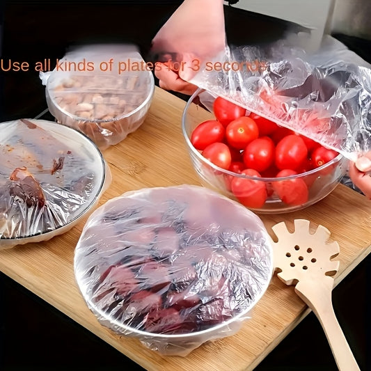 Set 100 Capace Elastice Reutilizabile pentru Depozitarea Alimentelor – Folie Transparentă Extensibilă pentru Boluri și Farfurii, Fără Miros, Alternativă la Folia de Aluminiu, Sigură pentru Contact cu Alimentele