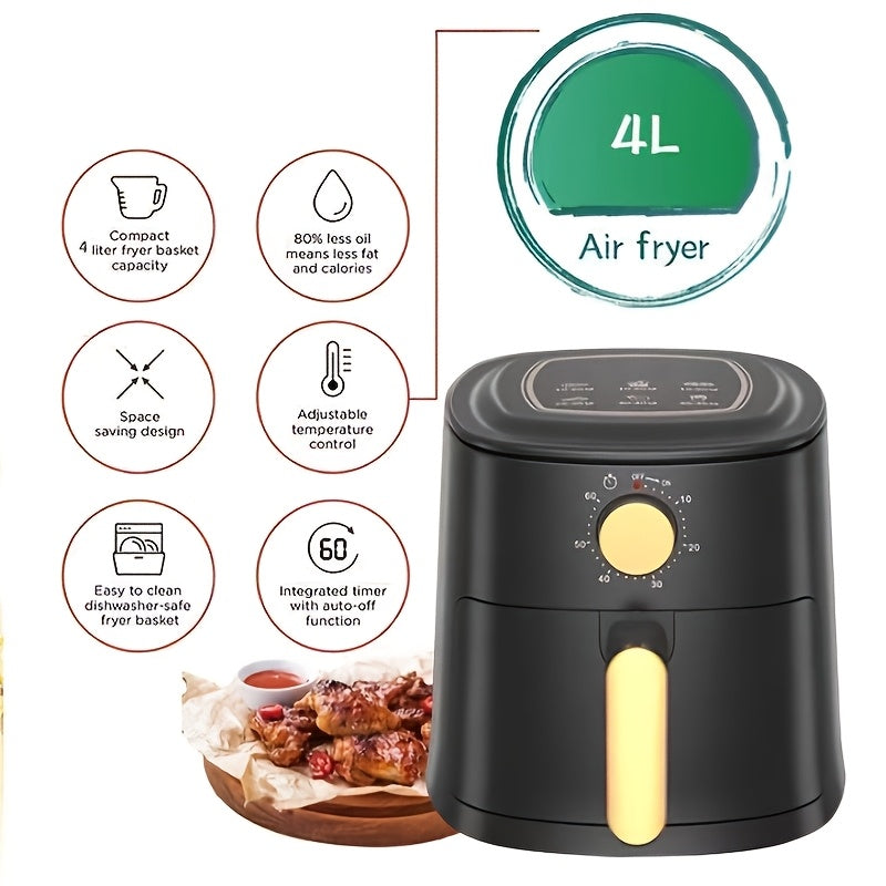 Friggitrice ad Aria 4L – Capienza Grande, 700W, 220-240V, Design Nero, Controllo Digitale, Frittura Senza Olio per Patatine, Pollo e Verdure