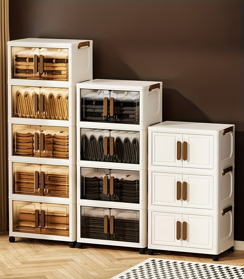 Contenitori Impilabili in Plastica 5 Ripiani con Coperchi – Armadietto Pieghevole, Organizer Collassabile con Ruote per Armadio, Bagno, Casa, Ufficio e Camera da letto