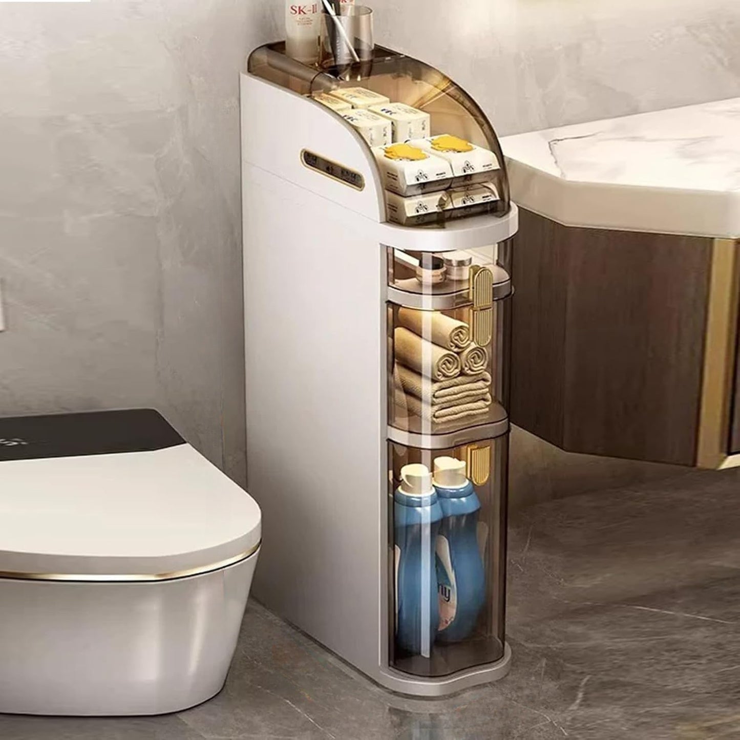 Mobiletto Bagno 4 Ripiani – Slim 7,1″ con Cassetti e Portatovaglioli, Armadietto Mobile in Plastica Impermeabile con Ruote per Bagno, Cucina, Lavanderia e Soggiorno