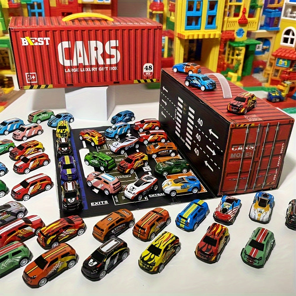 Set 48 Auto da Corsa in Miniatura – Edizione da Collezione con Mappa, Pista e Garage a 4 Piani, Giocattolo Interattivo, Ideale come Regalo per Bambini e Feste