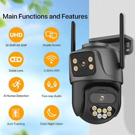 Cameră de supraveghere WiFi 6MP (3K UHD) cu urmărire AI, lentile duble PTZ, vedere nocturnă color, audio bidirecțional, alerte de mișcare, H.265+, compatibilă cu aplicația ICSEE, EU Plug, pentru interior/exterior