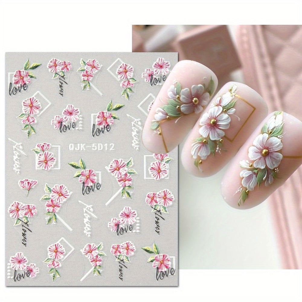 Adesivi Unghie 5D Estivi in Rilievo – Fiori Rosa e Blu, Margherite e Gigli per Unghie Acriliche, Perfetti per Pasqua