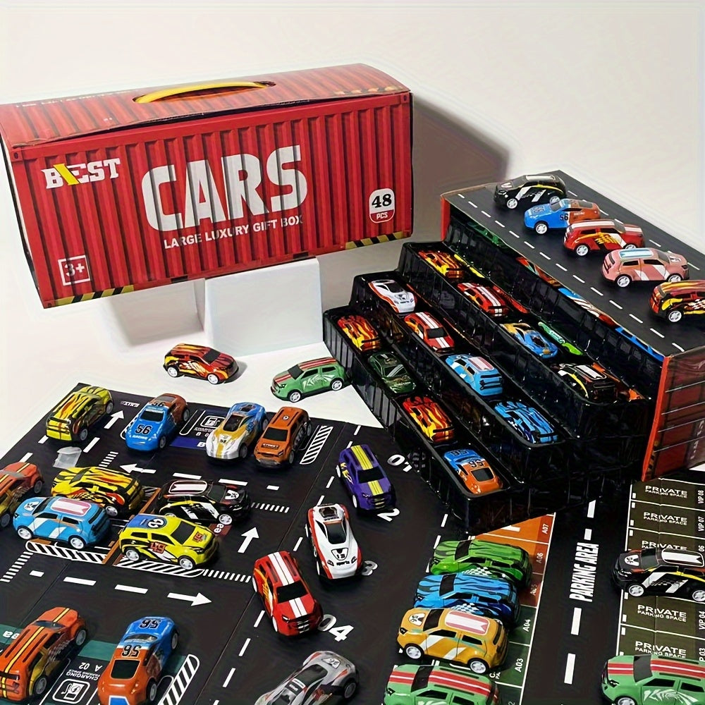 Set 48 Auto da Corsa in Miniatura – Edizione da Collezione con Mappa, Pista e Garage a 4 Piani, Giocattolo Interattivo, Ideale come Regalo per Bambini e Feste