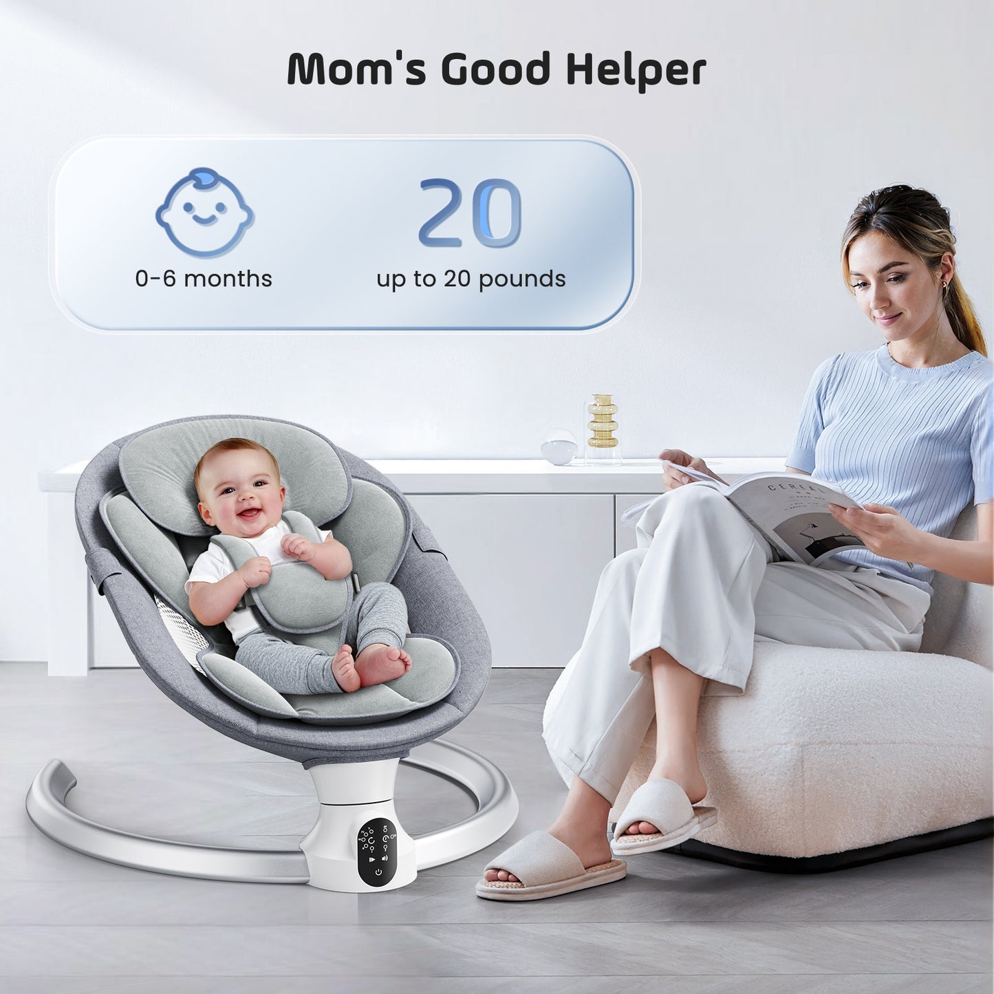 Sedia Dondolo Elettrica per Bambini con Controllo App e Telecomando – Swing Elettrico con Pannello Touch IMD, 5 Ampiezze, Timer 3 Fasi, Seduta Imbottita per Neonati