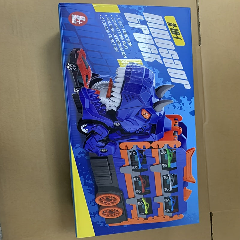 Set Pista Città per Bambini – Camion Dinosauro Trasformabile con 6 Auto, Garage Interattivo, Ideale per Bambini 3-5 Anni, Regalo di Compleanno Invernale
