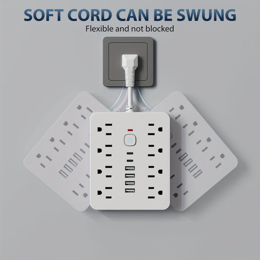 14-in-1 Power Strip Surge Protector with 8 AC Outlets, 4 USB &amp; 2 Type-C Ports | Multi-Plug Outlet Expander, USB Wall Plug, Compact Desk Multi-Plug Outlet | Flat Plug Design, Space-Saving Extension Cord for Home, Office and Kitchen