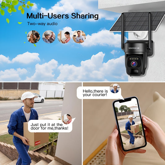Cameră de securitate wireless SZSINOCAM, solară, 1080P HD, PTZ, audio bidirecțional, detecție mișcare, Wi-Fi, stocare SD/Cloud – pentru casă, afaceri și exterior