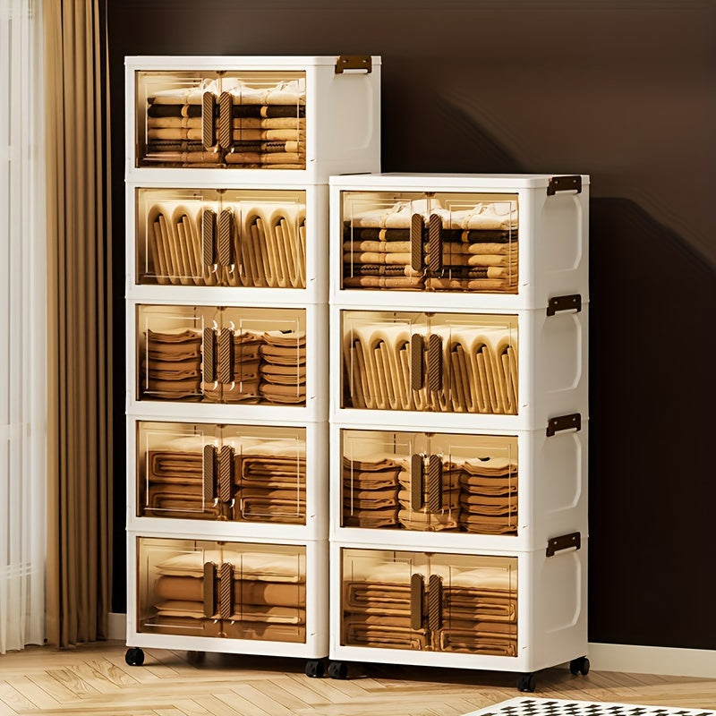 Contenitori Impilabili in Plastica 5 Ripiani con Coperchi – Armadietto Pieghevole, Organizer Collassabile con Ruote per Armadio, Bagno, Casa, Ufficio e Camera da letto