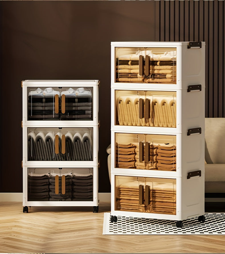 Contenitori Impilabili in Plastica 5 Ripiani con Coperchi – Armadietto Pieghevole, Organizer Collassabile con Ruote per Armadio, Bagno, Casa, Ufficio e Camera da letto