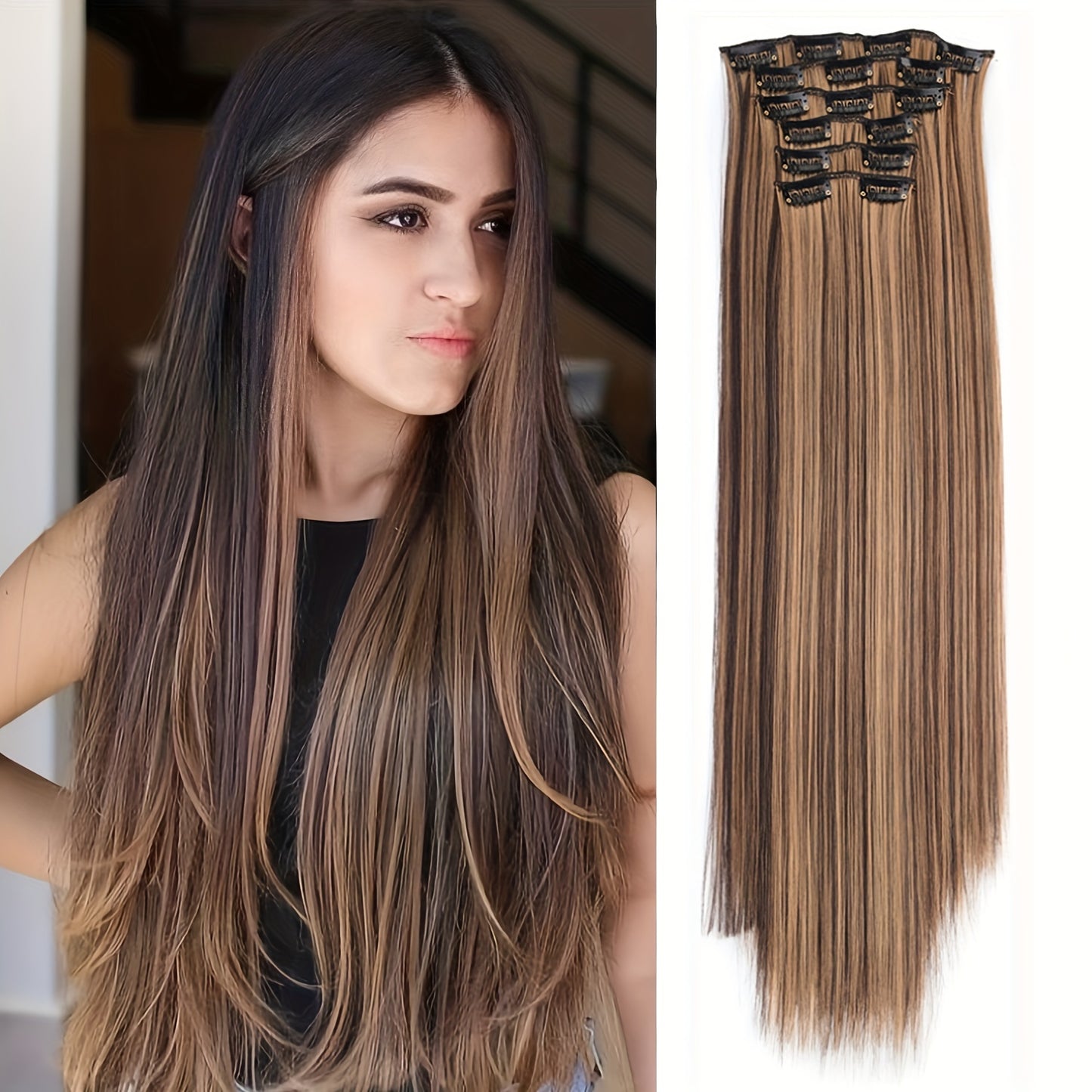 Extension a Clip, Capelli Lunghi e Folti in Pizzo Leggero Sintetici per Donna – Castano Cioccolato con Riflessi Biondo Dorato, Accessori per Capelli per Halloween e Natale