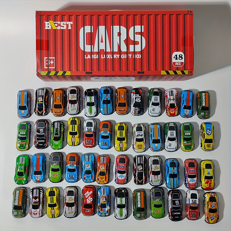 Set 48 Auto da Corsa in Miniatura – Edizione da Collezione con Mappa, Pista e Garage a 4 Piani, Giocattolo Interattivo, Ideale come Regalo per Bambini e Feste
