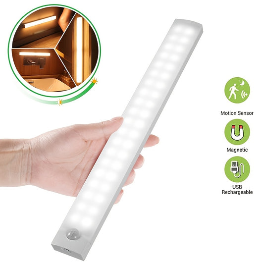 Lampada da Armadio con Sensore di Movimento Dimmerabile – Ricaricabile USB o a Batterie, Montaggio Magnetico, Finitura Spazzolata, Struttura Rimovibile