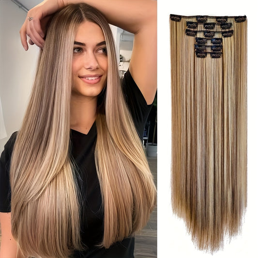 Extension a Clip, Capelli Lunghi e Folti in Pizzo Leggero Sintetici per Donna – Castano Cioccolato con Riflessi Biondo Dorato, Accessori per Capelli per Halloween e Natale