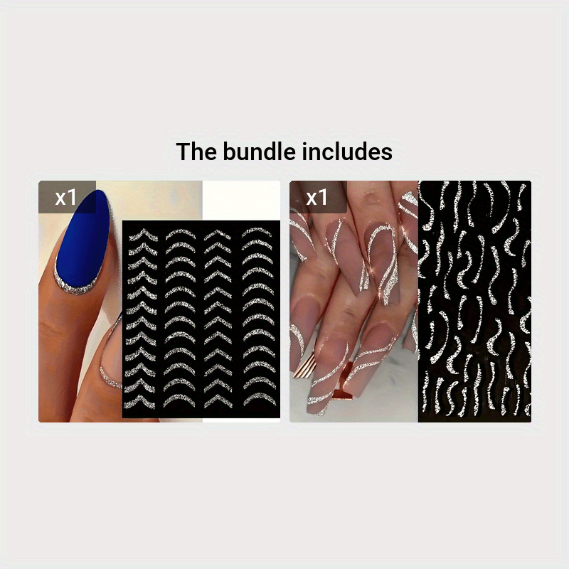 Adesivi per Unghie Glitter Argento di Lusso – Autoadesivi, Strisce e Curve Brillanti per Manicure Eleganti