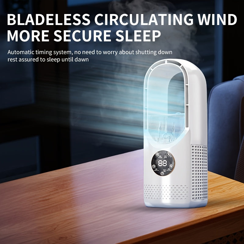 Portable Air Conditioning Fan, USB Tower Fan, Desktop Bladeless Fan - With Water Mist Cooling, Seven-Color LED Ambient Light, Timer and Smart Shutdown - Perfect for Office, Travel, Camping and Home Essentials