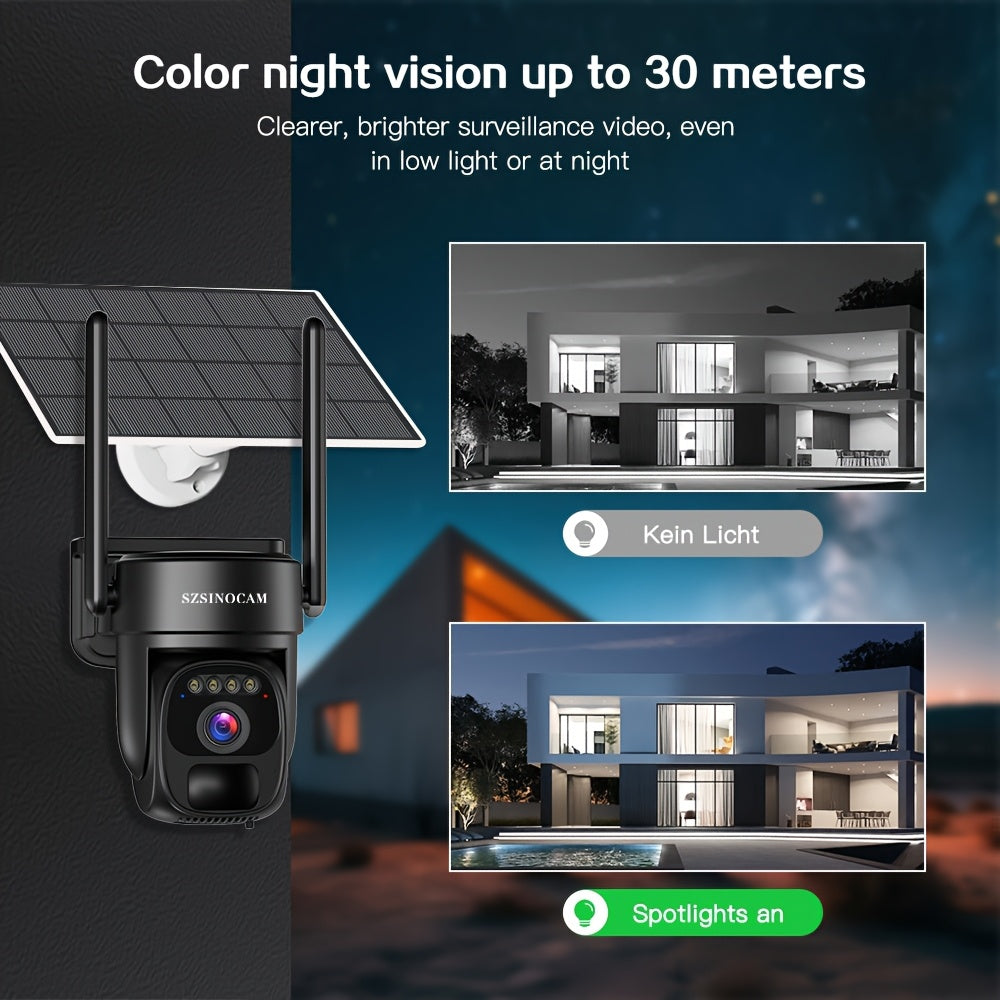Cameră de securitate wireless SZSINOCAM, solară, 1080P HD, PTZ, audio bidirecțional, detecție mișcare, Wi-Fi, stocare SD/Cloud – pentru casă, afaceri și exterior