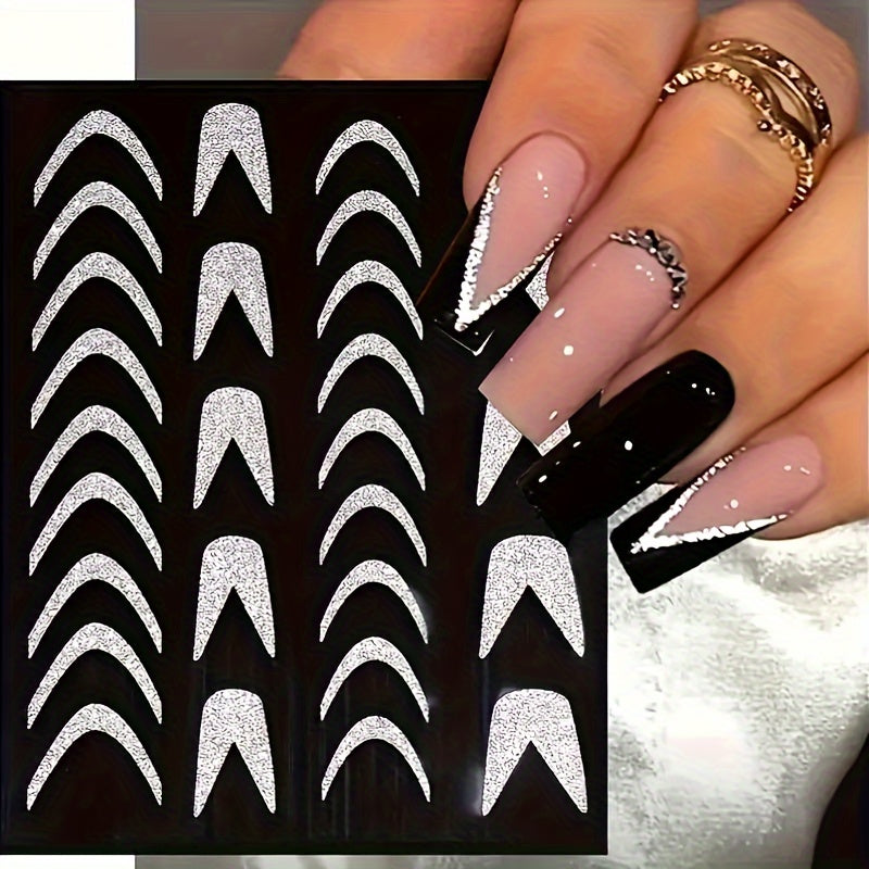 Adesivi per Unghie Glitter Argento di Lusso – Autoadesivi, Strisce e Curve Brillanti per Manicure Eleganti