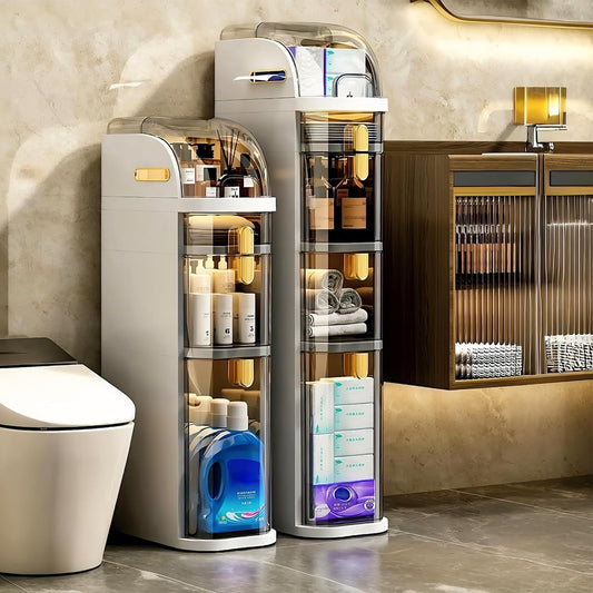 Mobiletto Bagno 4 Ripiani – Slim 7,1″ con Cassetti e Portatovaglioli, Armadietto Mobile in Plastica Impermeabile con Ruote per Bagno, Cucina, Lavanderia e Soggiorno