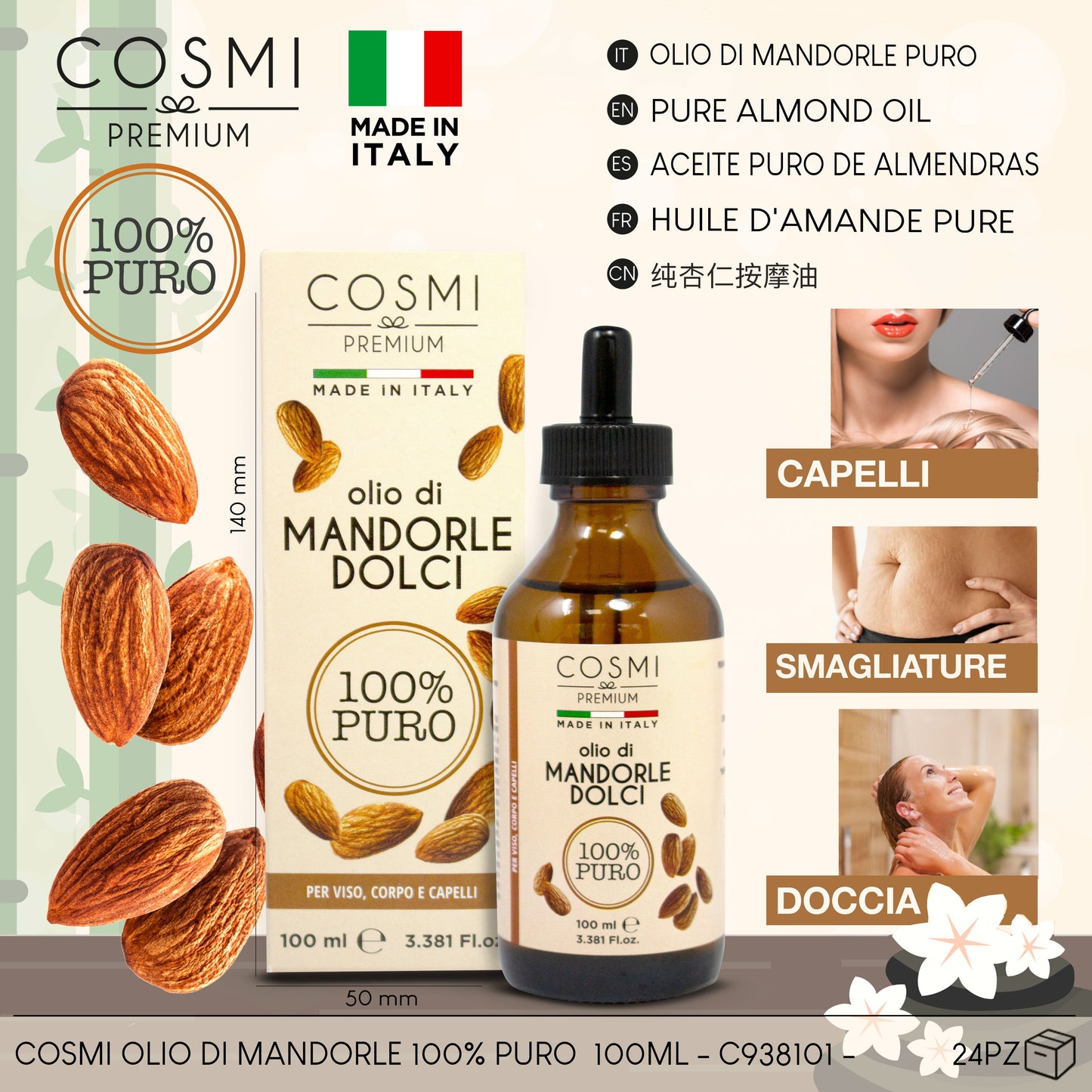 COSMI Olio di Mandorle 100% Puro – Viso, Corpo e Capelli, Made in Italy, 100ml