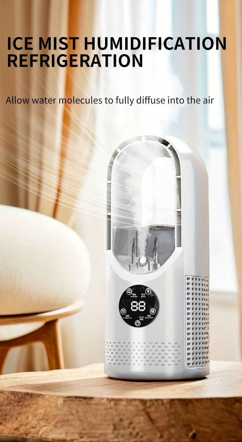 Portable Air Conditioning Fan, USB Tower Fan, Desktop Bladeless Fan - With Water Mist Cooling, Seven-Color LED Ambient Light, Timer and Smart Shutdown - Perfect for Office, Travel, Camping and Home Essentials
