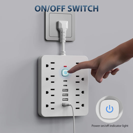 14-in-1 Power Strip Surge Protector with 8 AC Outlets, 4 USB &amp; 2 Type-C Ports | Multi-Plug Outlet Expander, USB Wall Plug, Compact Desk Multi-Plug Outlet | Flat Plug Design, Space-Saving Extension Cord for Home, Office and Kitchen