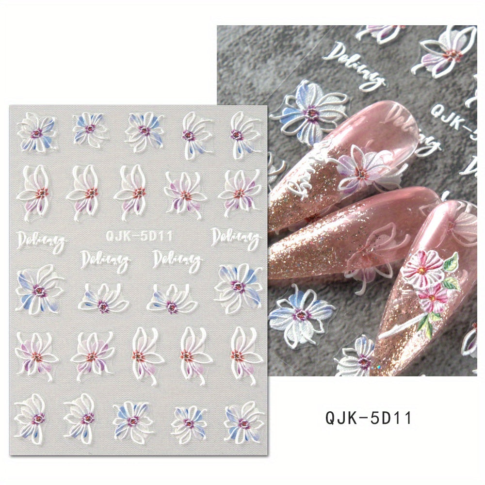 Adesivi Unghie 5D Estivi in Rilievo – Fiori Rosa e Blu, Margherite e Gigli per Unghie Acriliche, Perfetti per Pasqua