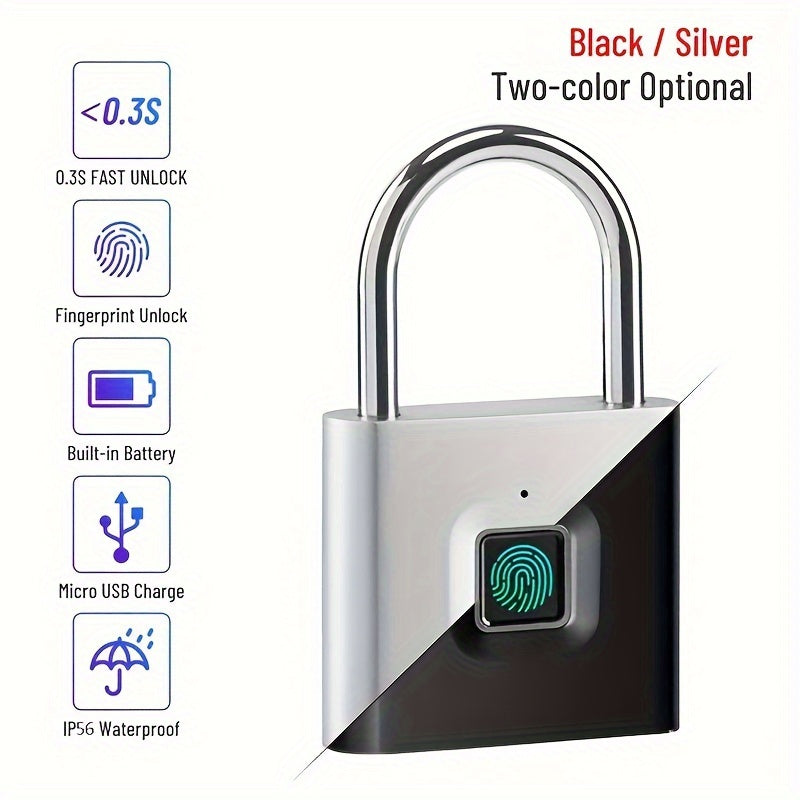Lucchetto Smart Compatto con Impronta Digitale – Impermeabile, Senza Chiave, Ricaricabile USB, Leggero in Alluminio – Ideale per Valigie, Zaini e Bagagli