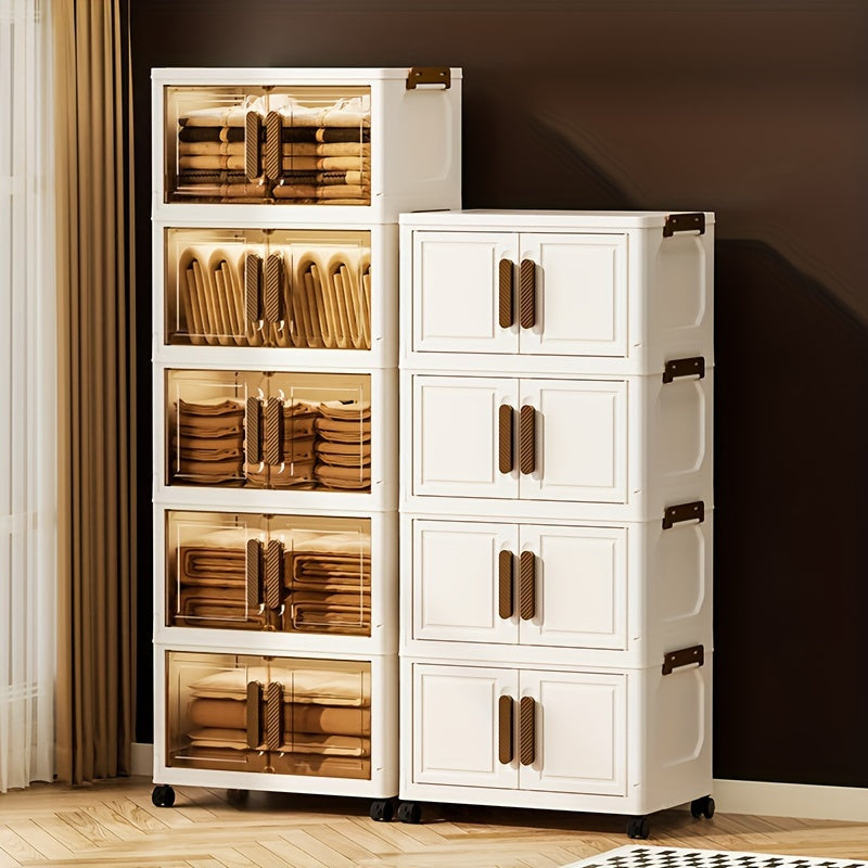 Contenitori Impilabili in Plastica 5 Ripiani con Coperchi – Armadietto Pieghevole, Organizer Collassabile con Ruote per Armadio, Bagno, Casa, Ufficio e Camera da letto
