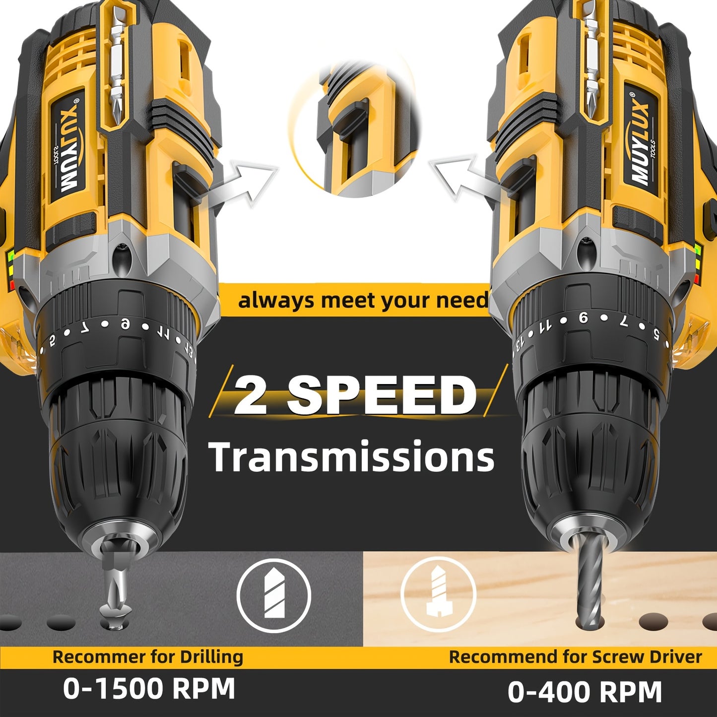 20V Cordless Drill Set, Impact Power Drill with 3/8 Inch Keyless Chuck, 18+3 Clutch Electric Drill with Work Light, Max Torque 45Nm, 2-Variable Speed &amp; 2.0AH Batteries and Fast Charger