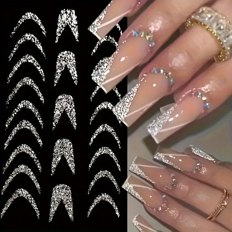 Adesivi per Unghie Glitter Argento di Lusso – Autoadesivi, Strisce e Curve Brillanti per Manicure Eleganti