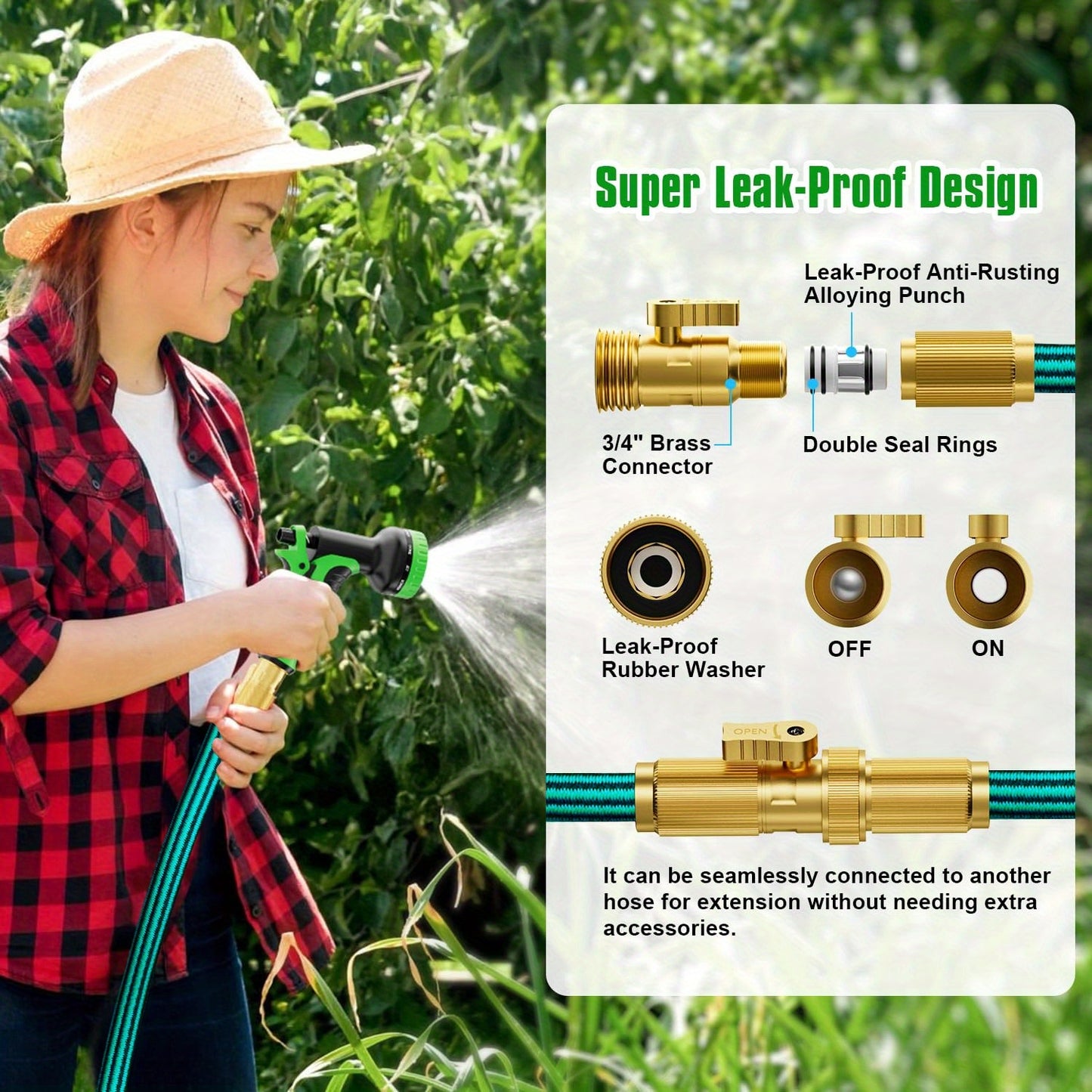 100ft Heavy-Duty Rubber Garden Hose with 10-Function High-Pressure Spray Nozzle - Lightweight, Non-Expandable 3/4" Diameter, US Standard Threads for Yard, Lawn, Car Wash &amp; Outdoor Use (25/50/75/100ft Available), Garden Hose No