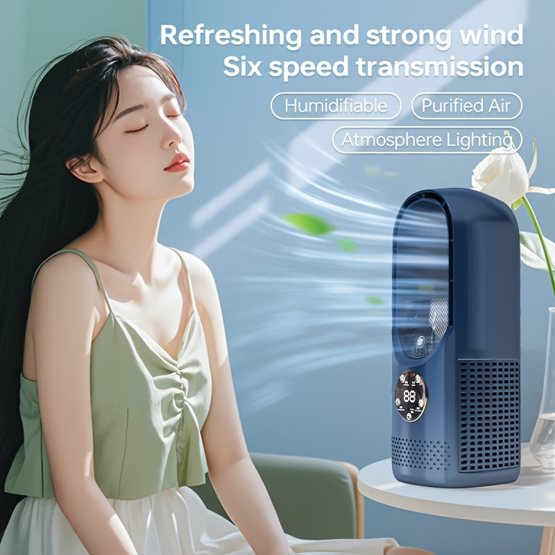 Portable Air Conditioning Fan, USB Tower Fan, Desktop Bladeless Fan - With Water Mist Cooling, Seven-Color LED Ambient Light, Timer and Smart Shutdown - Perfect for Office, Travel, Camping and Home Essentials