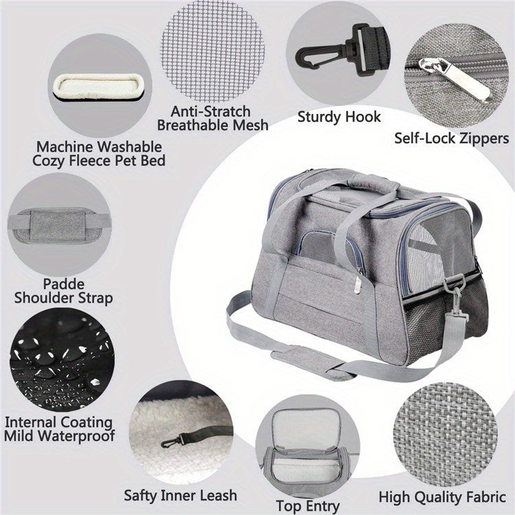 Trasportino Gatto Portatile con Materassino – Grande Capacità, Tasche Traspiranti, Chiusura con Cerniera, Imbottitura Morbida, Cinghie Sicure per Auto e Esterno