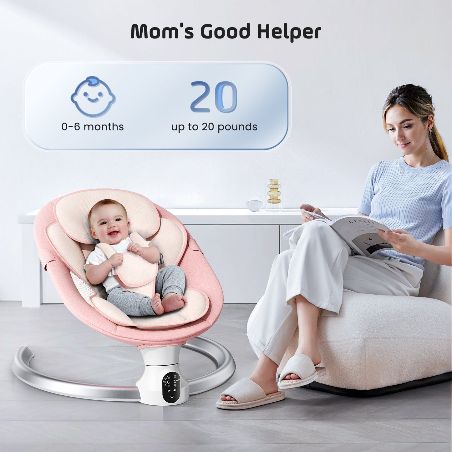 Sedia Dondolo Elettrica per Bambini con Controllo App e Telecomando – Swing Elettrico con Pannello Touch IMD, 5 Ampiezze, Timer 3 Fasi, Seduta Imbottita per Neonati