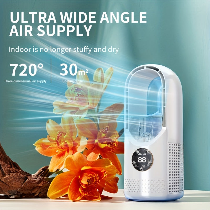 Portable Air Conditioning Fan, USB Tower Fan, Desktop Bladeless Fan - With Water Mist Cooling, Seven-Color LED Ambient Light, Timer and Smart Shutdown - Perfect for Office, Travel, Camping and Home Essentials