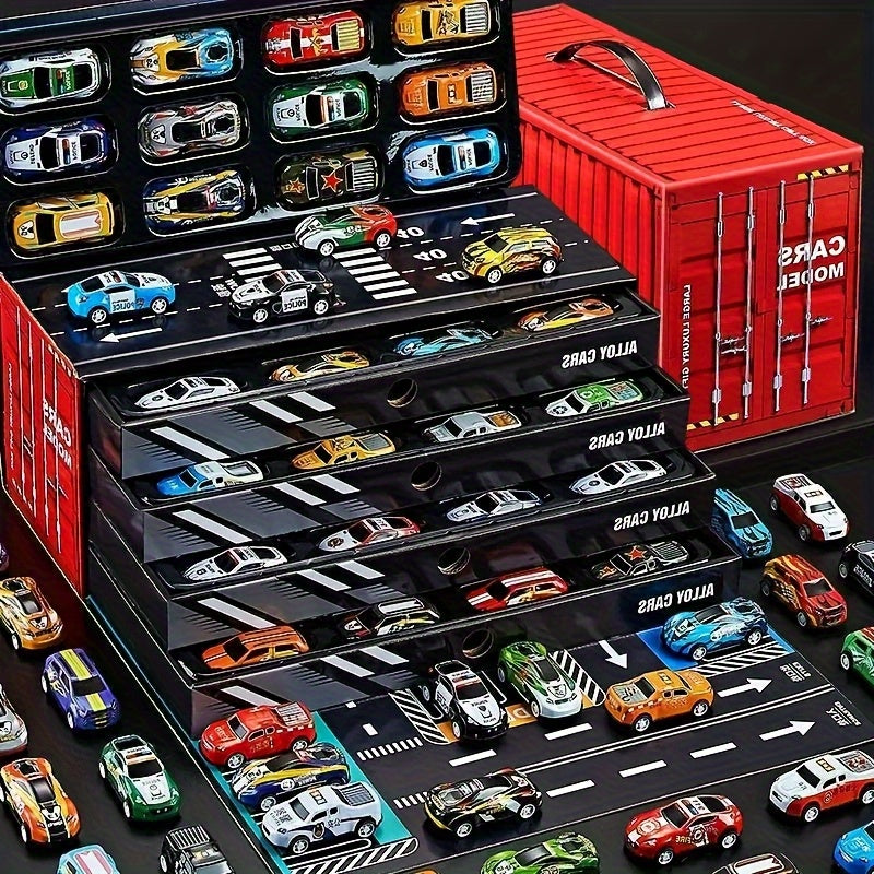 Set 48 Auto da Corsa in Miniatura – Edizione da Collezione con Mappa, Pista e Garage a 4 Piani, Giocattolo Interattivo, Ideale come Regalo per Bambini e Feste