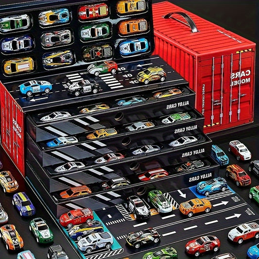 Set 48 Auto da Corsa in Miniatura – Edizione da Collezione con Mappa, Pista e Garage a 4 Piani, Giocattolo Interattivo, Ideale come Regalo per Bambini e Feste