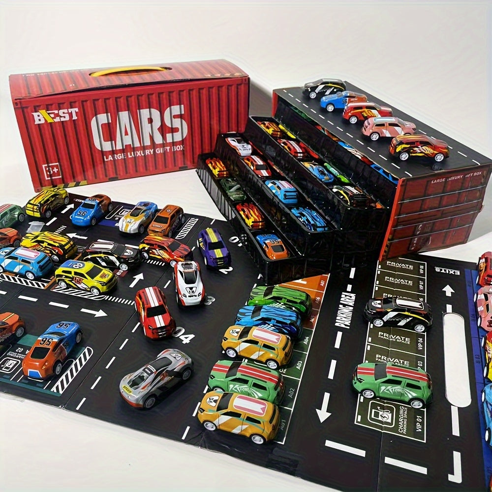 Set 48 Auto da Corsa in Miniatura – Edizione da Collezione con Mappa, Pista e Garage a 4 Piani, Giocattolo Interattivo, Ideale come Regalo per Bambini e Feste