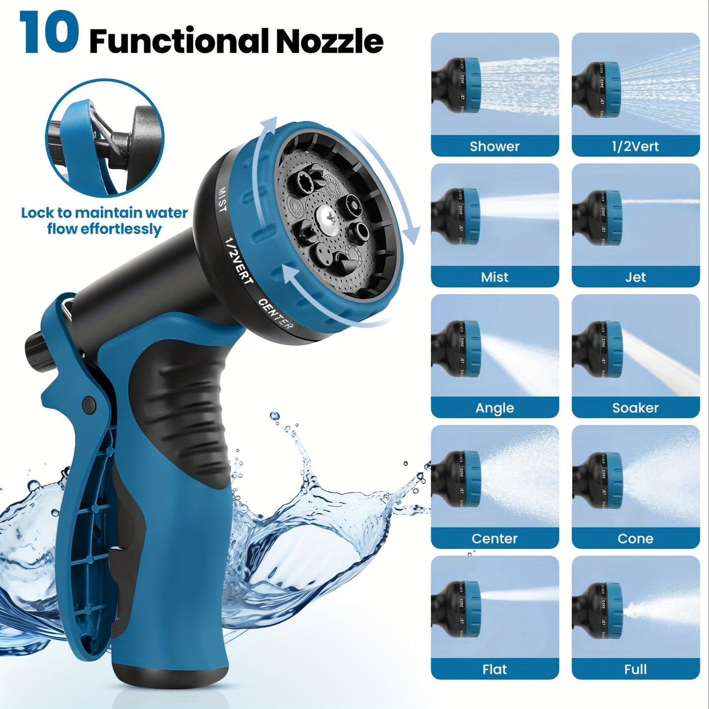 100ft Heavy-Duty Rubber Garden Hose with 10-Function High-Pressure Spray Nozzle - Lightweight, Non-Expandable 3/4" Diameter, US Standard Threads for Yard, Lawn, Car Wash &amp; Outdoor Use (25/50/75/100ft Available), Garden Hose No