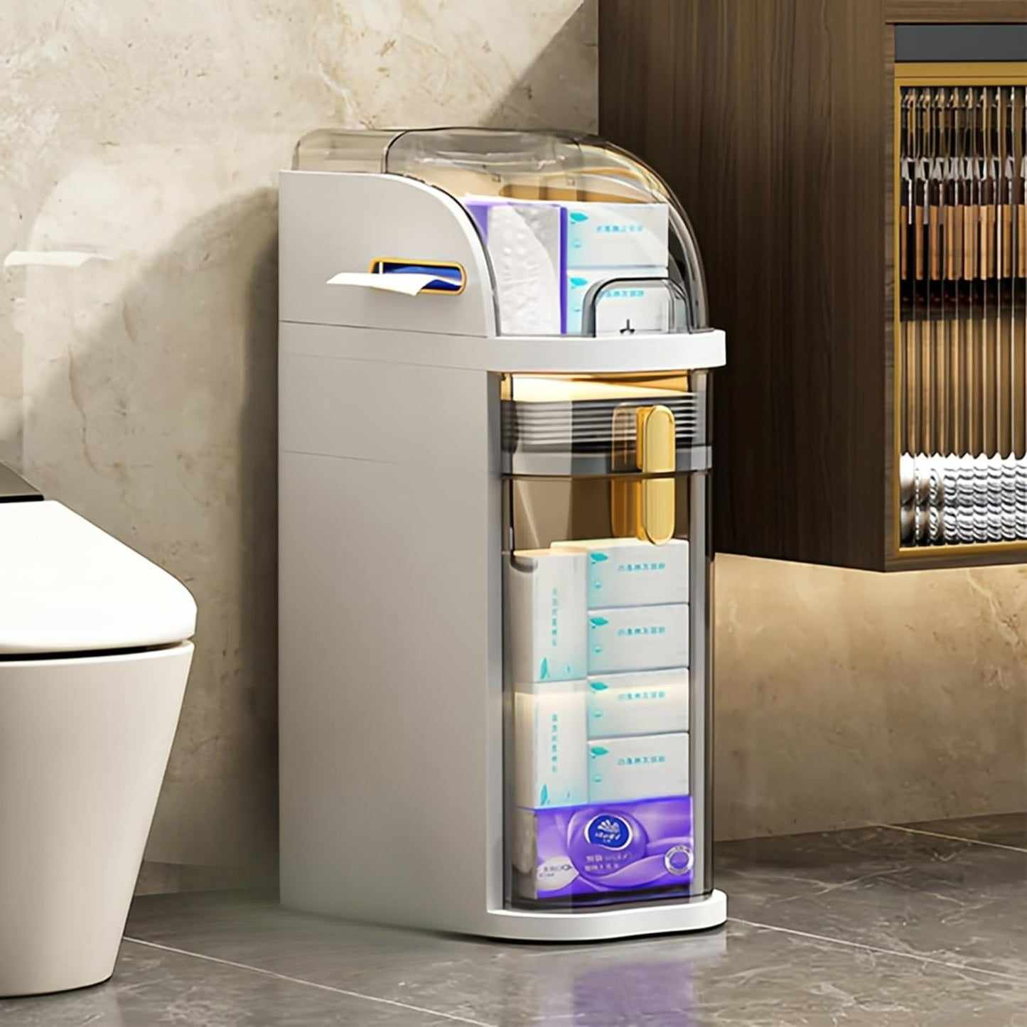 Mobiletto Bagno 4 Ripiani – Slim 7,1″ con Cassetti e Portatovaglioli, Armadietto Mobile in Plastica Impermeabile con Ruote per Bagno, Cucina, Lavanderia e Soggiorno
